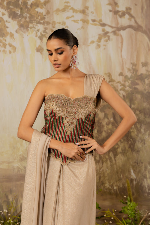 Gold Champagne Heavy Corset Draped Saree Set