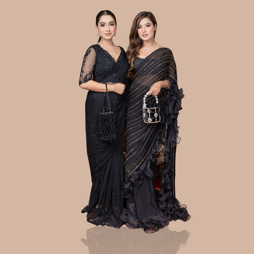 Black hand embroidered drape saree with plunge V neckline blouse