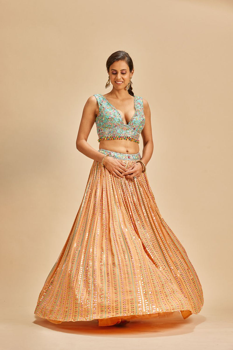 ORANGE PATRA WORK LEHENGA SET