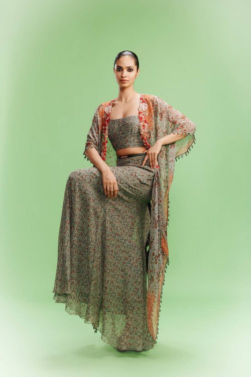 "Bianka" Printed Chiffon Bustier-Skirt with a Cape