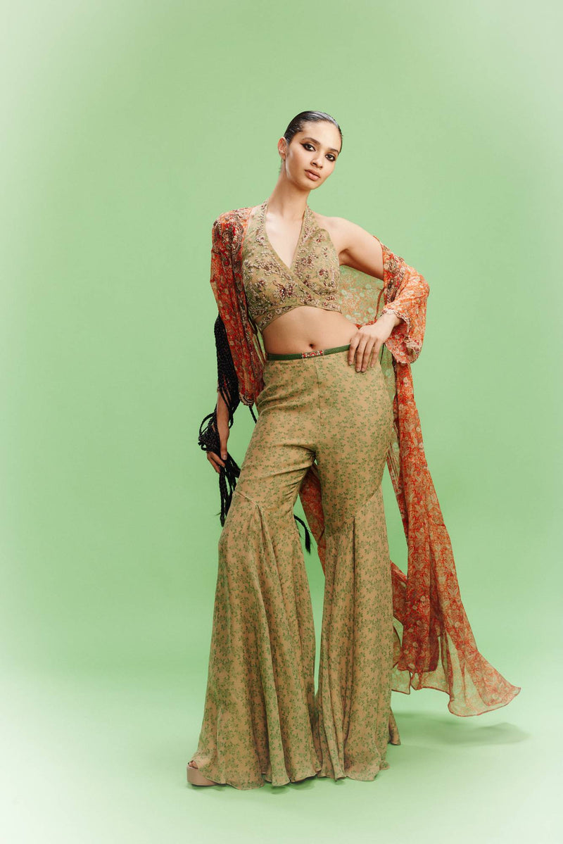 "Elviera" Printed Chiffon Bustier-Cape and a Sharara