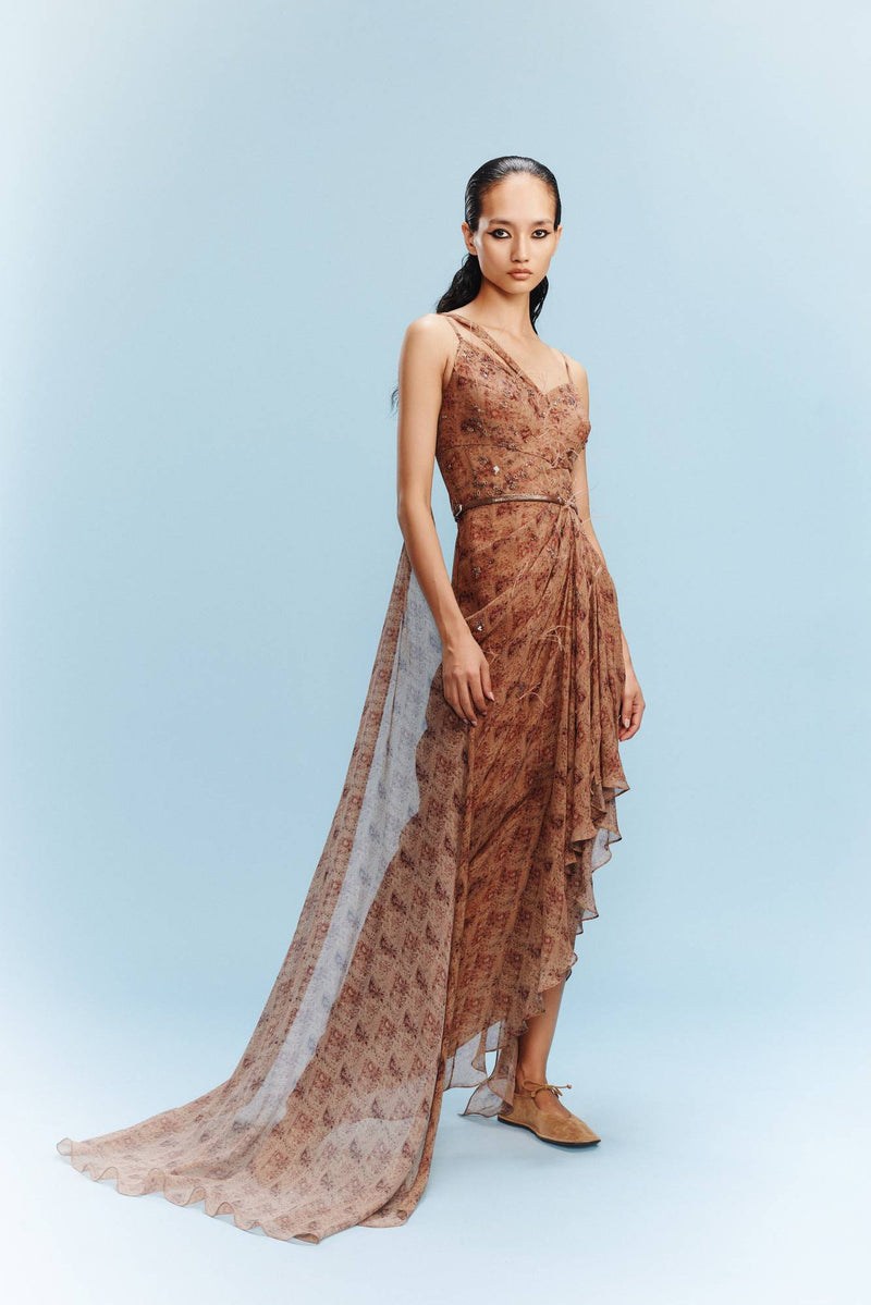 "Chloe" Chiffon Printed Draped Gown