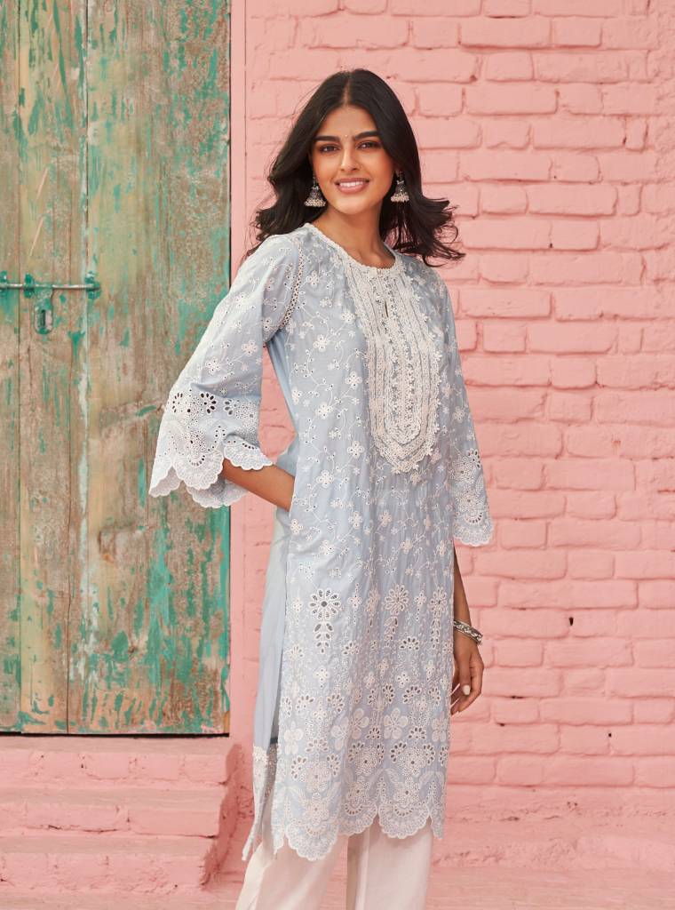 Gauri Kurta with Fiza Pants-Snah Dupatta - Light Blue