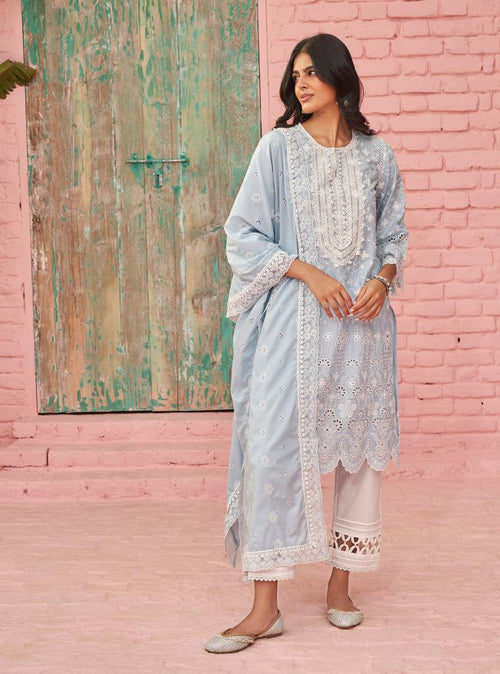 Gauri Kurta with Fiza Pants-Snah Dupatta - Light Blue