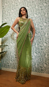 Perfect Times : Olive Shaded Embellished Saree Set