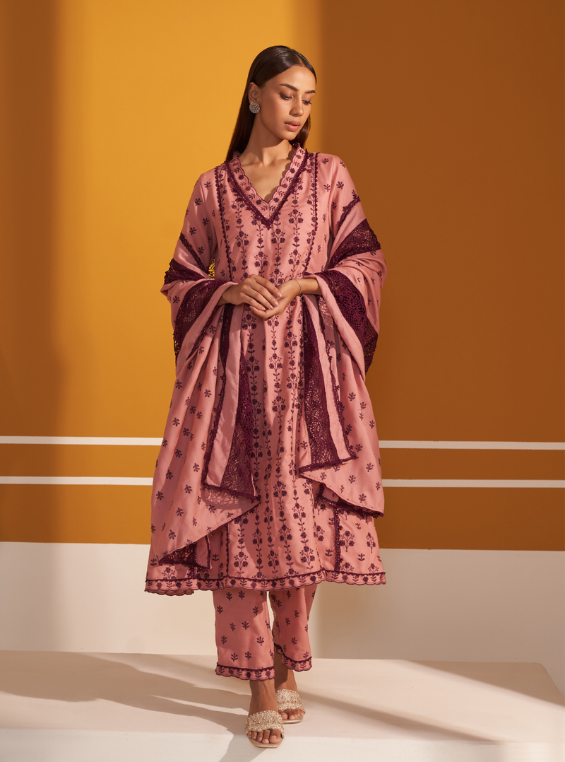 Mulmul Wool Selby Pink Kurta With Mulmul Wool Selby Pink Pant