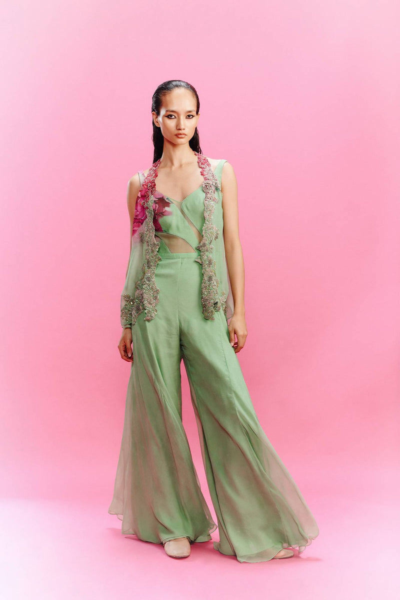 "Elara" Chiffon Watercolor Flower Jumpsuit with a Shrug