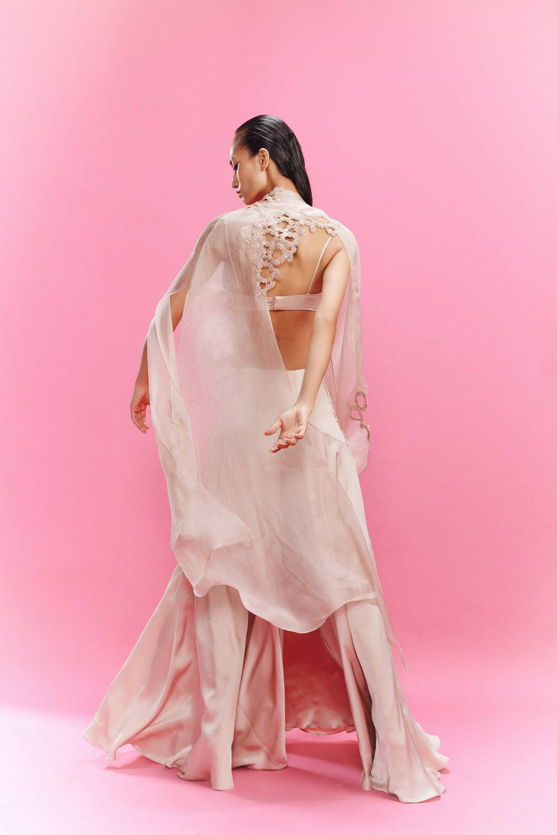 "Elora" Satin Draped Pants with Bustier and an Organza Cape