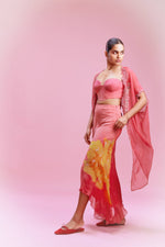 "Saarah" Chiffon Flower Print Asymmetric skirt with Bustier and a Cape