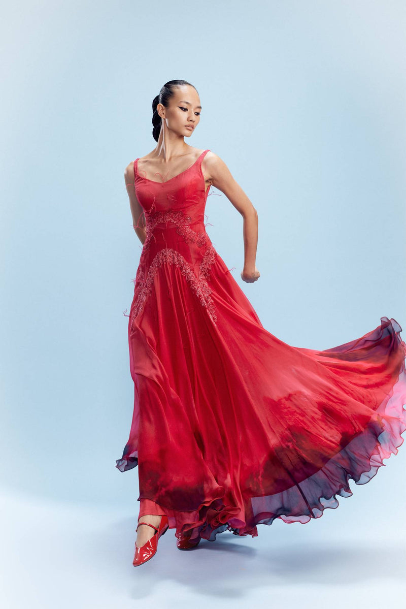 "Venya" Chiffon Watercolored Voluminous Gown