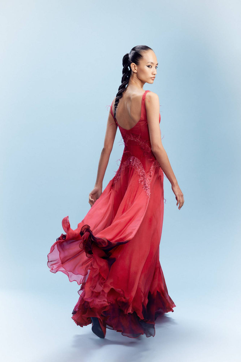 "Venya" Chiffon Watercolored Voluminous Gown