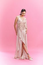 "Lamara" Satin Draped Gown with Lace