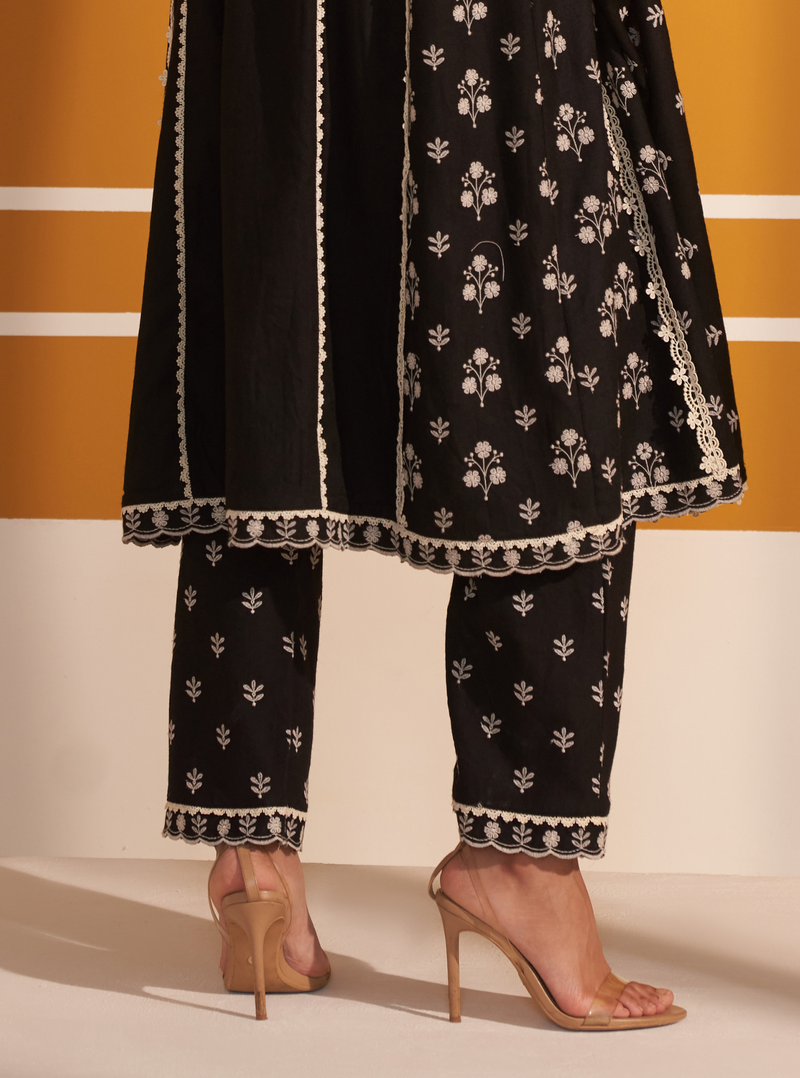 Mulmul Wool Selby Black Kurta With Mulmul Wool Selby Black Pant