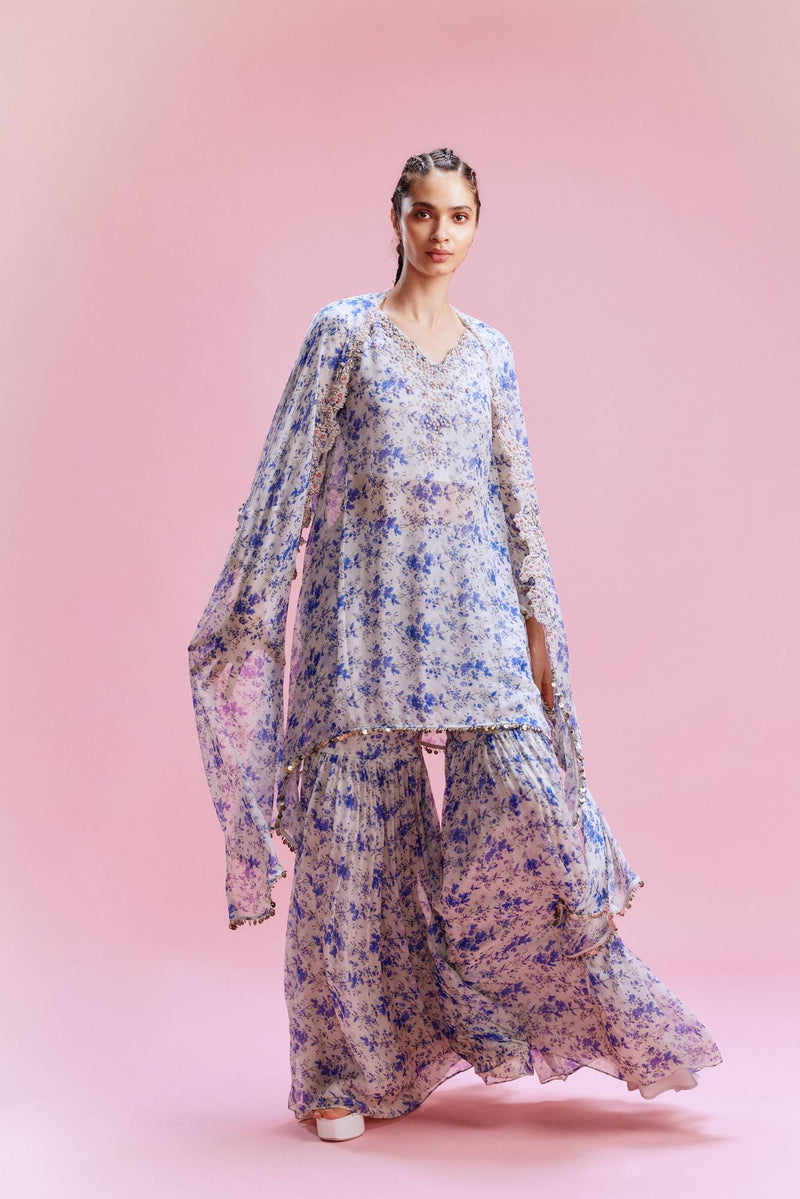 "Ishani" Chiffon Floral Kurta-Sharara and a Cape