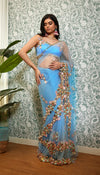 TIME FOR YOU: ICE BLUE EMBELLISHED  NET SAREE SET