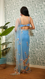 TIME FOR YOU: ICE BLUE EMBELLISHED  NET SAREE SET