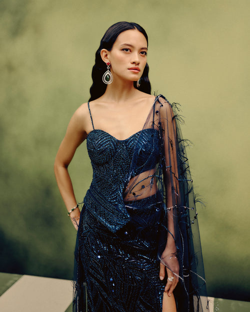 Celeste Plume Corset & Skirt Set with a drape dupatta