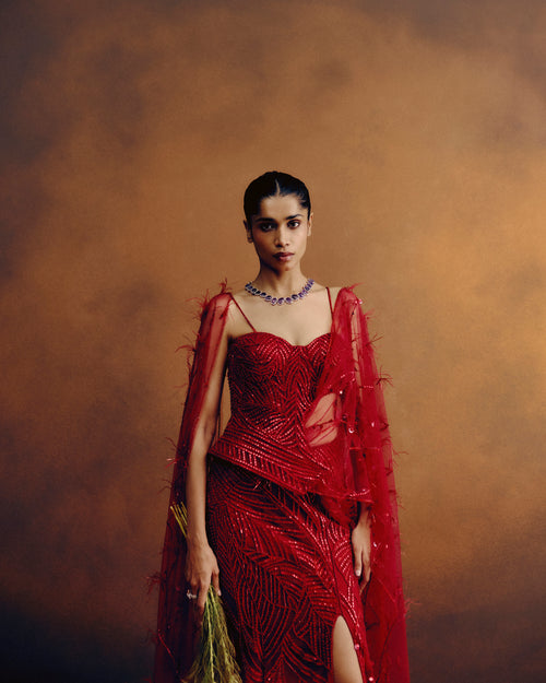 Rouge Ascend Corset & Skirt Set with a drape dupatta