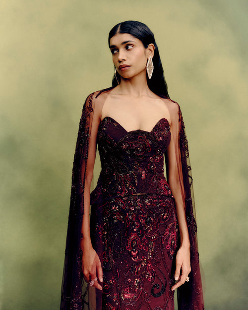 Gilded Carmine Corset & Skirt Set with Cape Drape