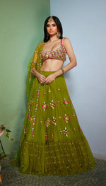 OLIVINE: GREEN EMBELLISHED  FULL LEHENGA SET.