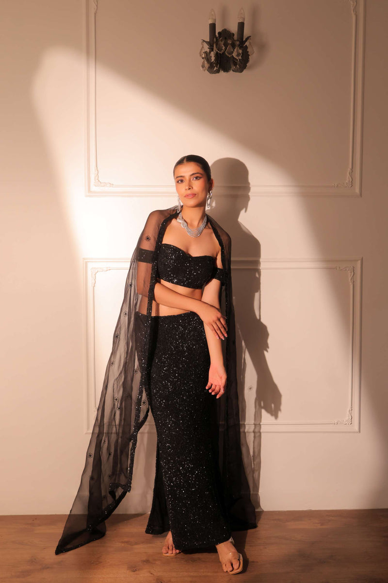 Black cocktail bustier and slit skirt with dupatta