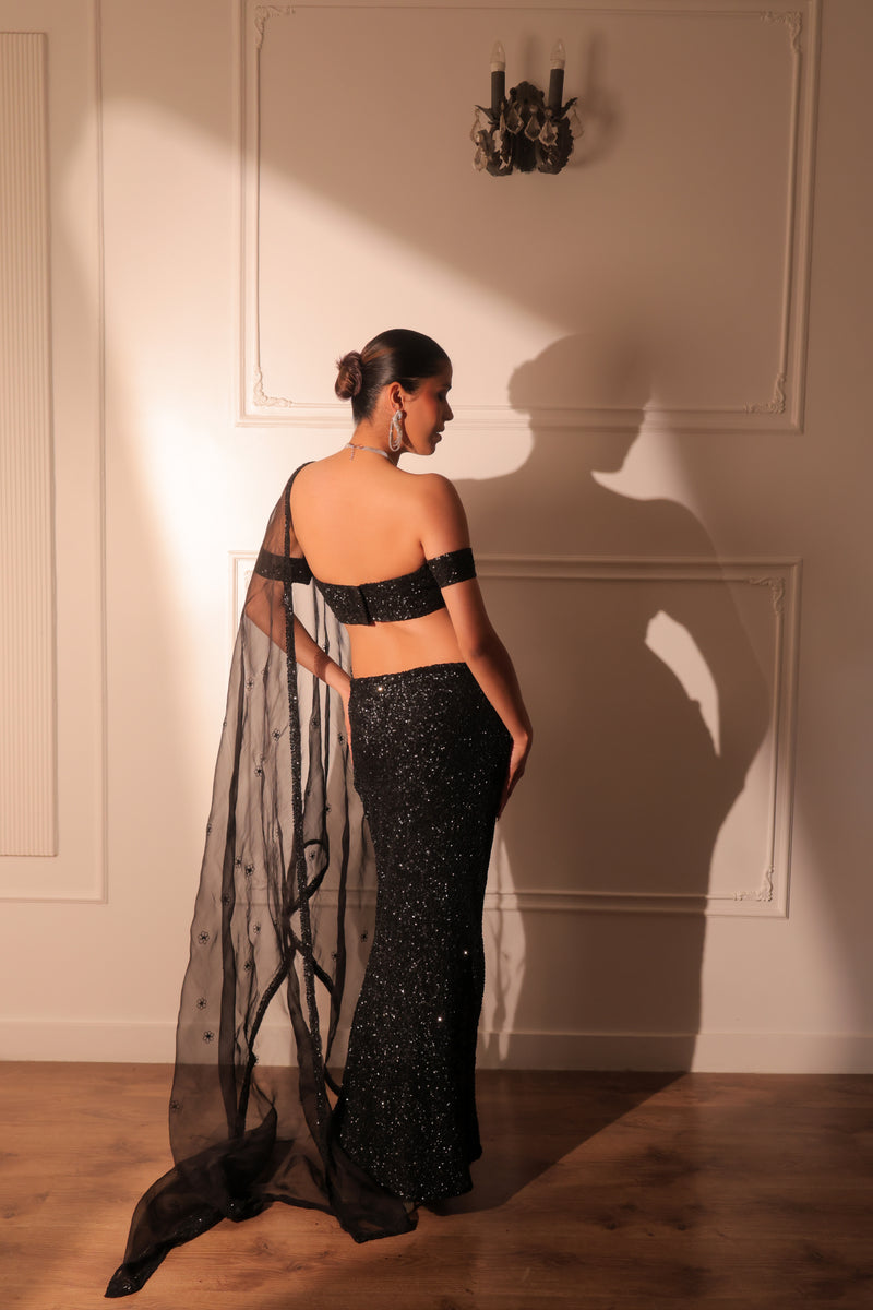 Black cocktail bustier and slit skirt with dupatta