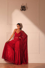 Red cocktail sharara saree set