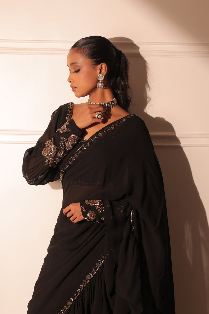 Black ruffle drape saree and blouse with belt