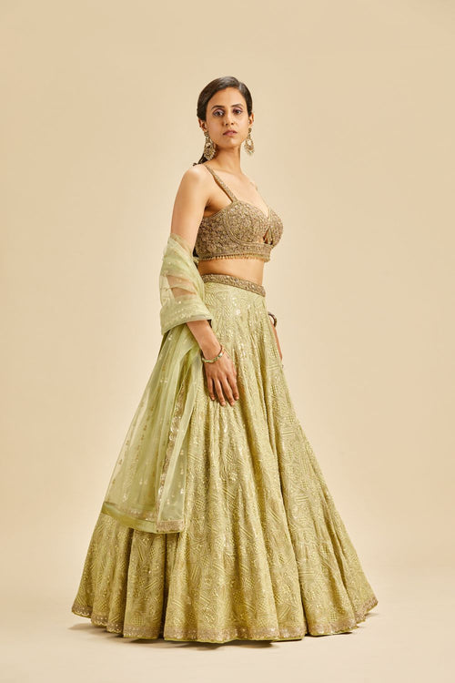 OLIVE GREEN GEOMATRICAL DESIGN LEHENGA