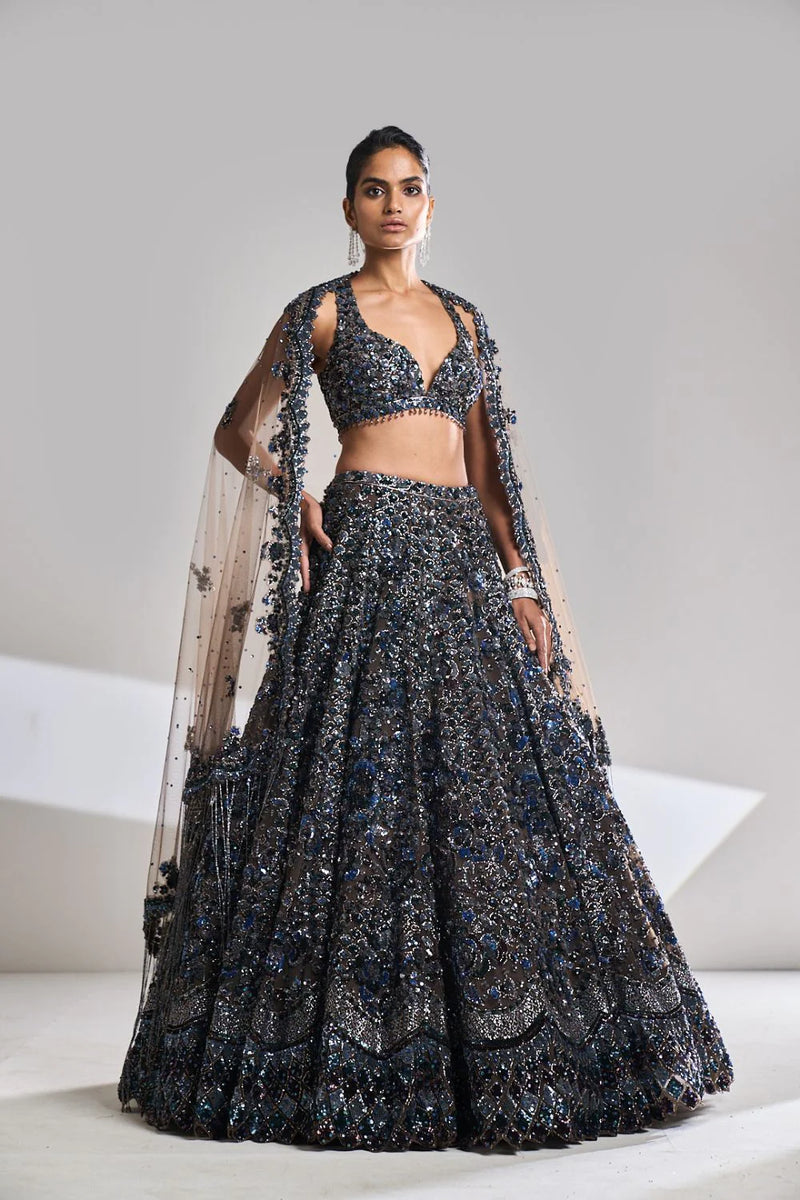 Chocolate Brown Sequin Lehenga Set by Seema Gujral - Lotus Bloom Canada