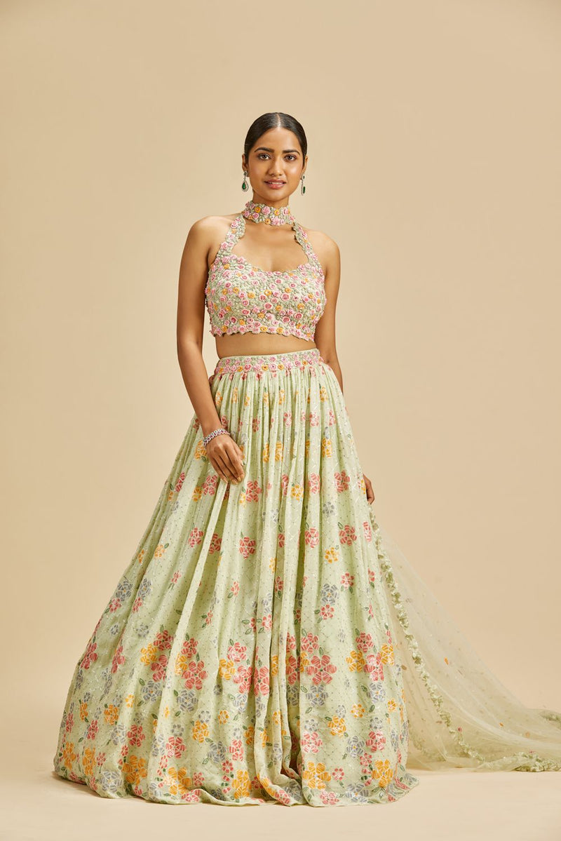 LIME GREEN GATHERED EMBROIDERED LEHENGA CHOLI SET