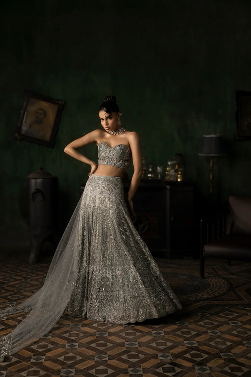 Green Grey Organza Lehenga With Threadwork Blouse and Tulle Dupatta