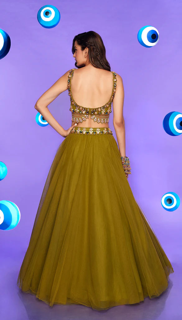 NIGHT BABE - OLIVE GREEN EMBELISHED FULL LEHENGA SET