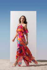 Chiffon Printed Asymmetric Dress With Halter Neck & Chain Neck Tie-Up