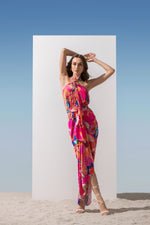 SATIN ABSTRACT PRINTED DRAPED HALTER NECK DRESS