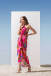 SATIN ABSTRACT PRINTED DRAPED HALTER NECK DRESS