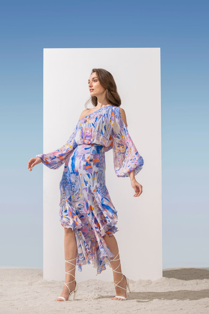 Chiffon Printed One-Off Shoulder Dress With Asymmetric Hem