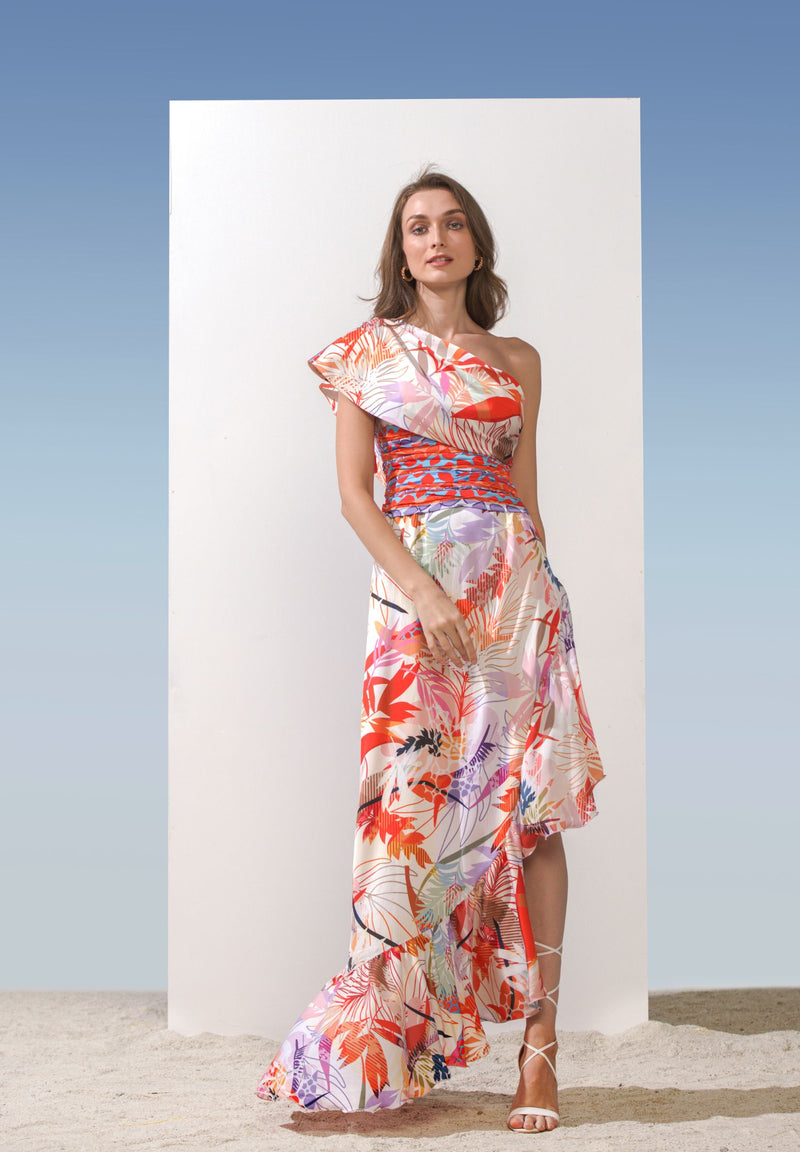 Satin Printed Dress With Drape On Shoulder & Waterfall Bottom