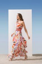 Satin Printed Dress With Drape On Shoulder & Waterfall Bottom