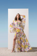 Chiffon Printed Long Dress With Cowled Neckline