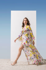 Chiffon Printed Long Dress With Cowled Neckline