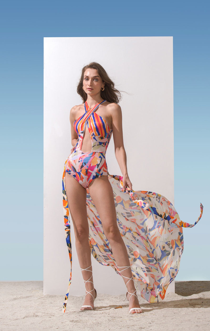 Spandex Geometric Printed Bodysuit With Printed Chiffon Wrap