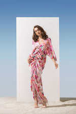 Satin Pastel Printed Ruched Kaftan.