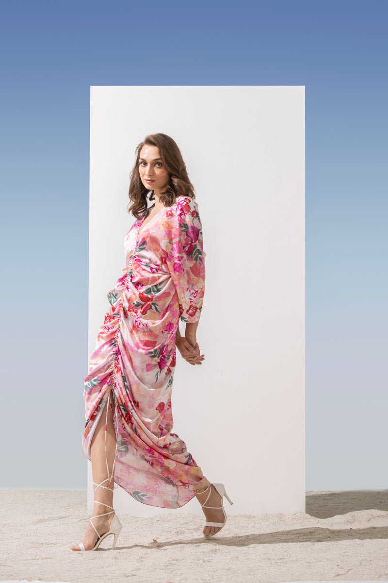 Satin Pastel Printed Ruched Kaftan.