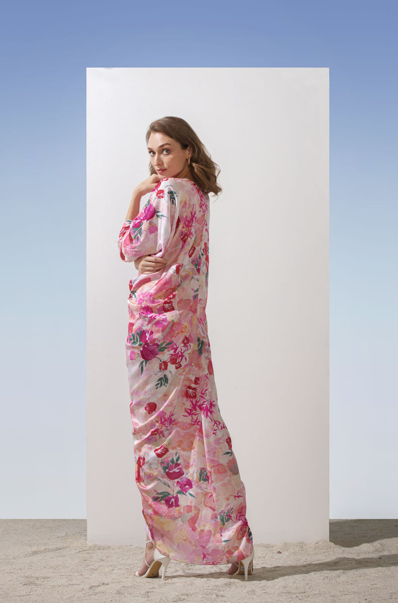 Satin Pastel Printed Ruched Kaftan.