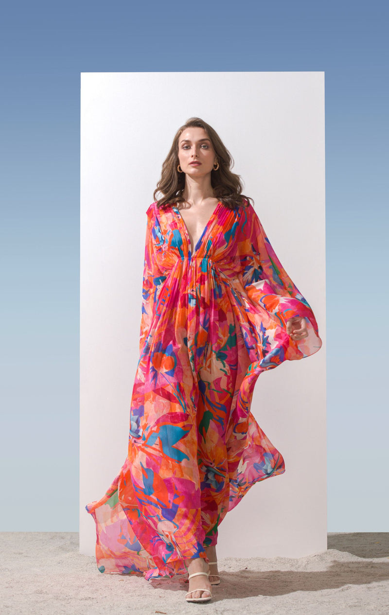 Chiffon Printed Kaftan With Gathered Waist Detail & Side Slit