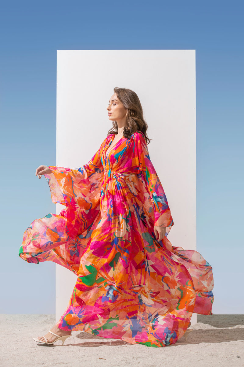 Chiffon Printed Kaftan With Gathered Waist Detail & Side Slit