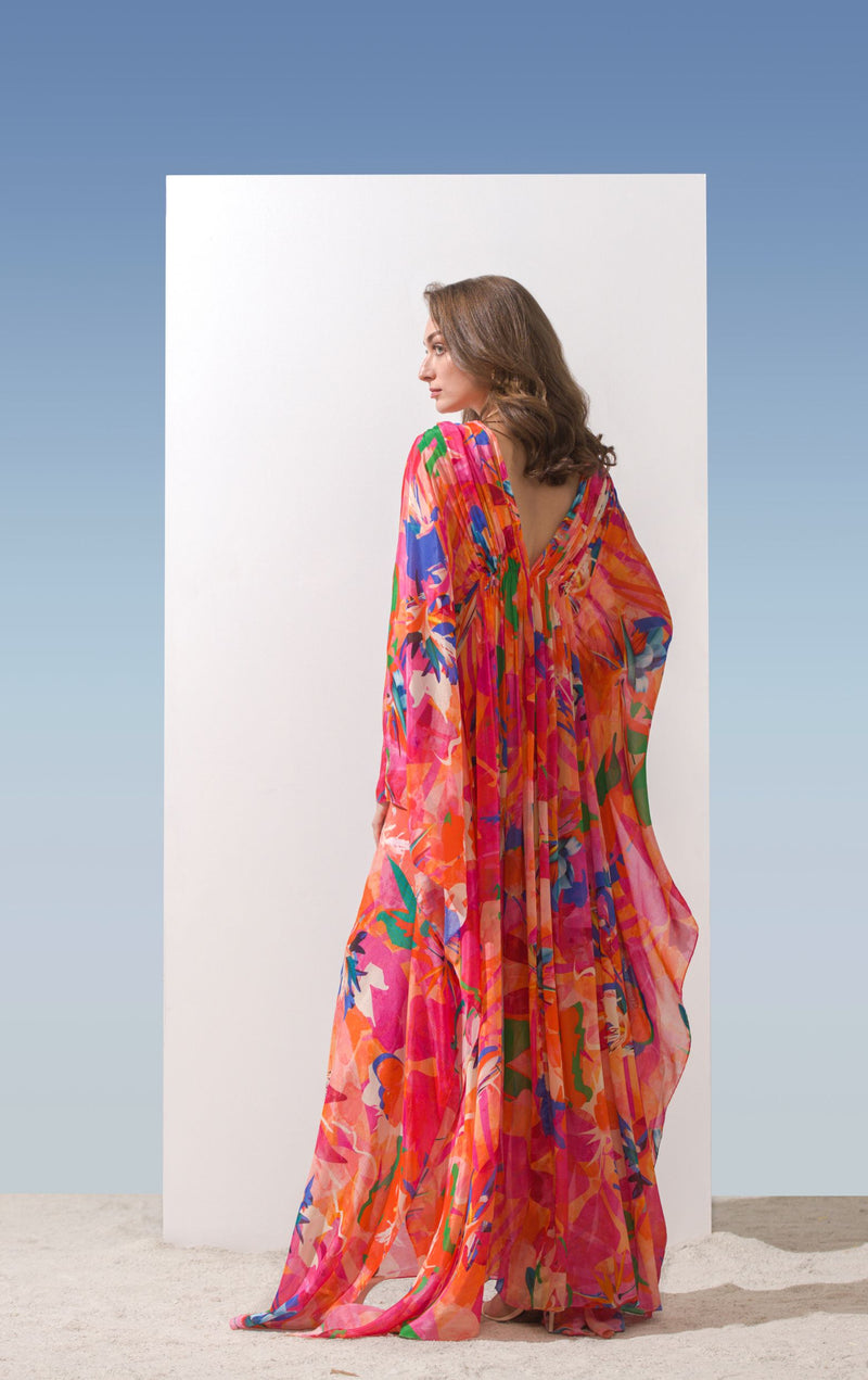 Chiffon Printed Kaftan With Gathered Waist Detail & Side Slit