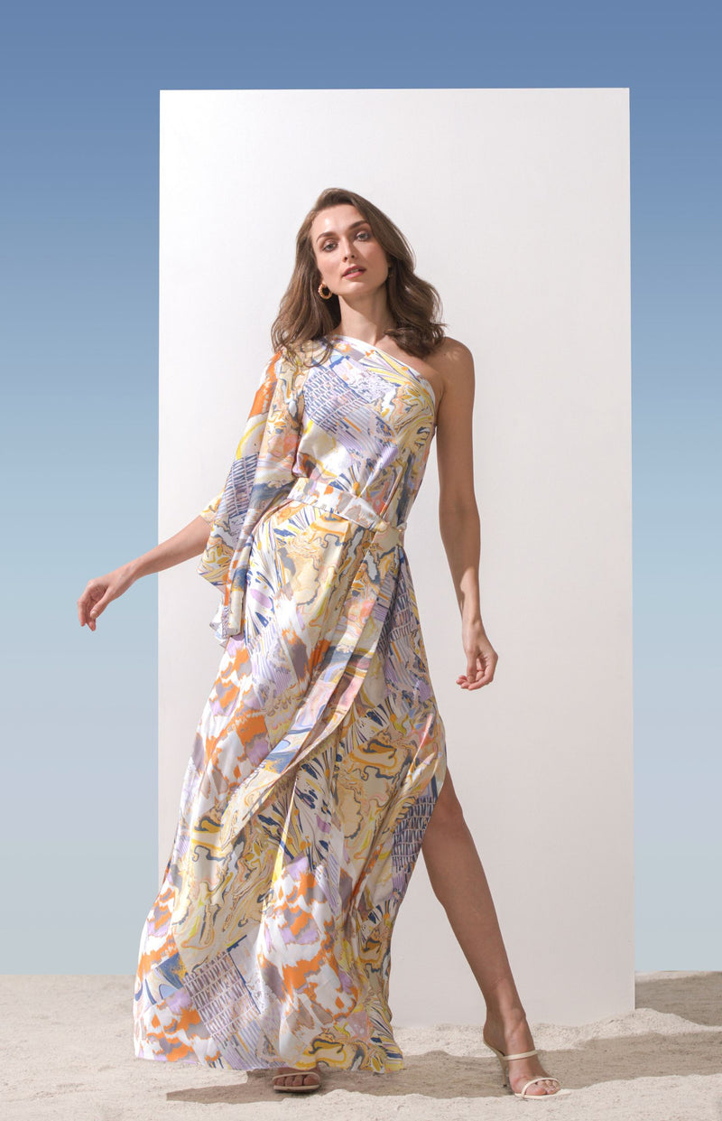 Satin Marbling Printed One Shoulder Kaftan