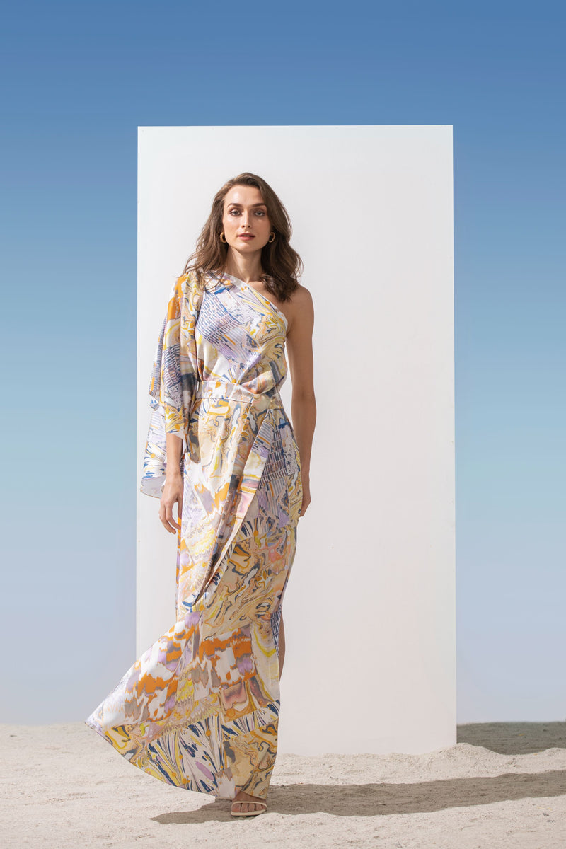 Satin Marbling Printed One Shoulder Kaftan